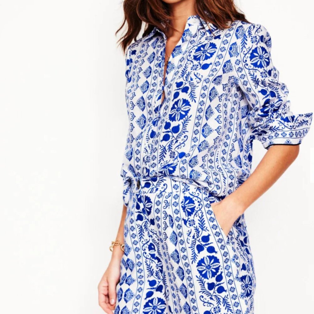 Boden Sienna Linen Shirt & Short -Ivory, Ornate Border, 10